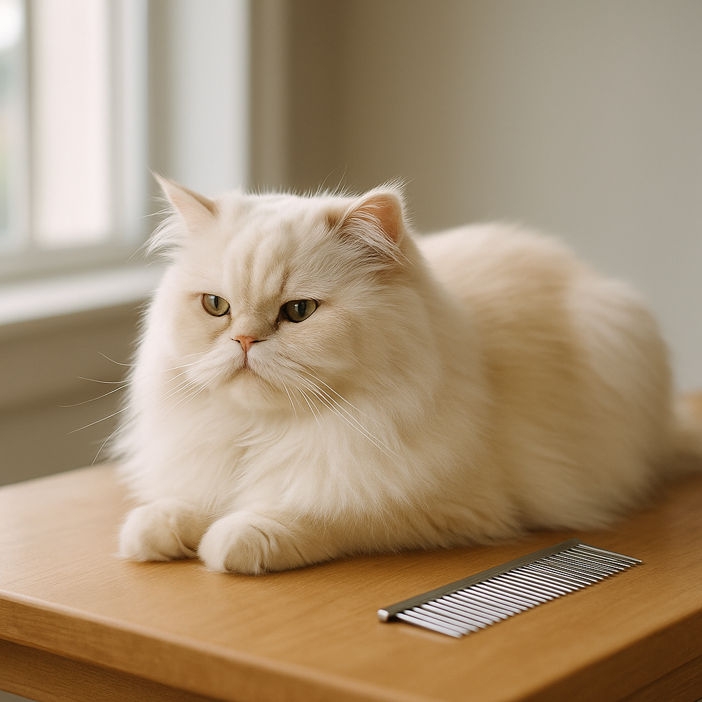 Persian cat with long coat being carefully groomed